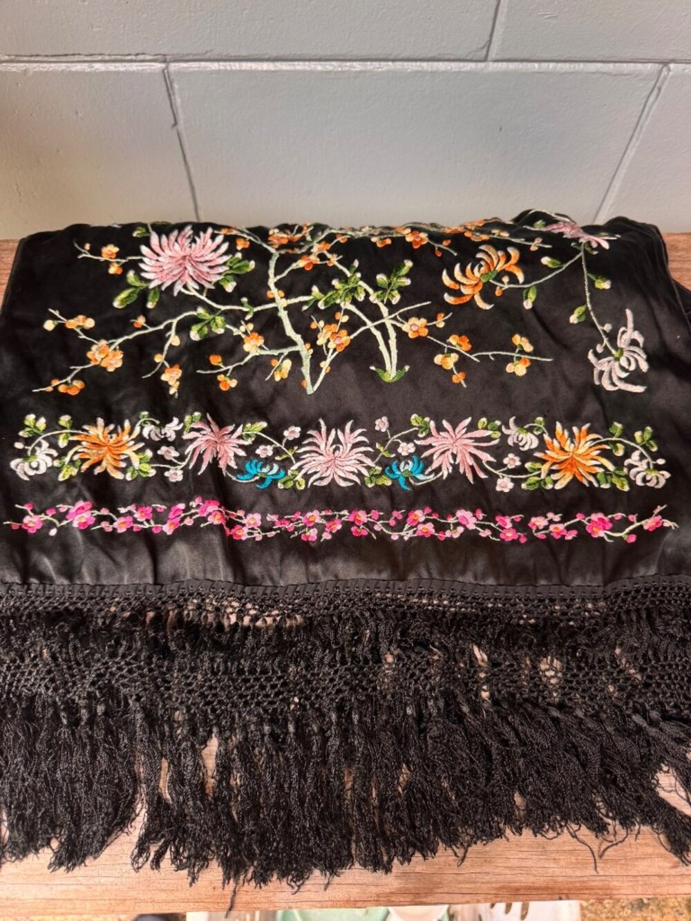 Vintage Embroidered Black Satin Floral Scarf Stole 70” Knotted Fringe
